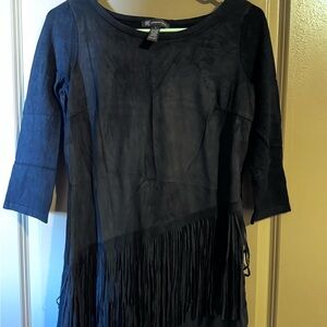 INC International Concepts Black Faux-Suede Fringe Tunic Top
